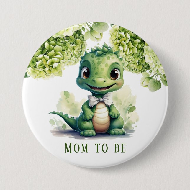 Green Dinosaur Floral Mom To Be 3 Inch Round Button (Front)
