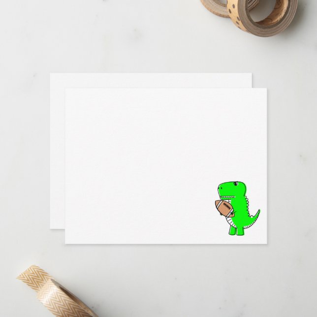 Green Dinosaur Loves Football Lined 3x3 Card (Front/Back In Situ)