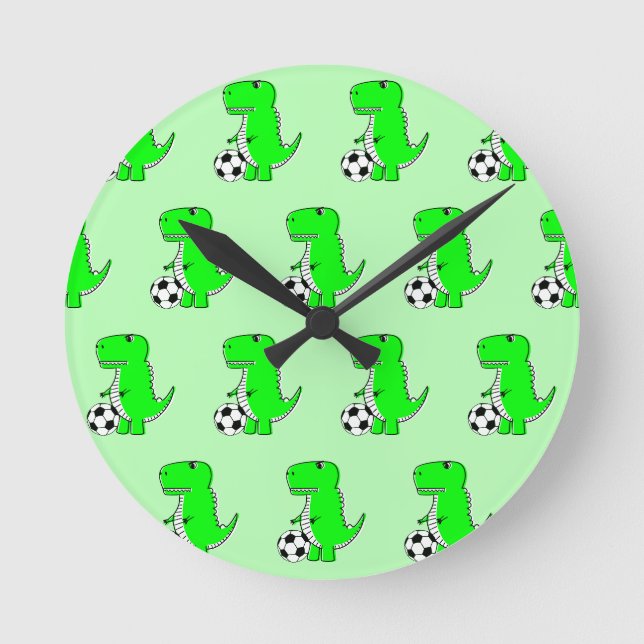 Green Dinosaur Loves Soccer Cartoon Pattern Round Clock (Front)