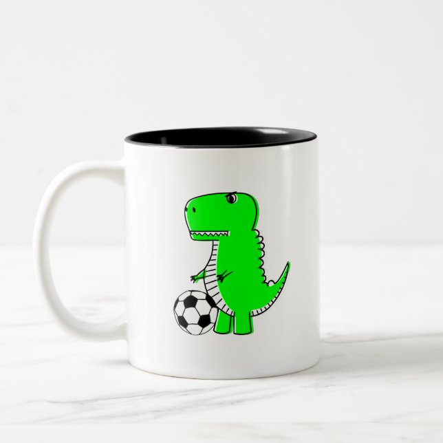 Green Dinosaur Loves Soccer Two-Tone Coffee Mug (Left)