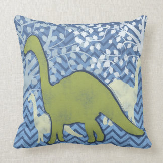 Green Dinosaur on Zigzag Chevron - Blue and White Throw Pillow