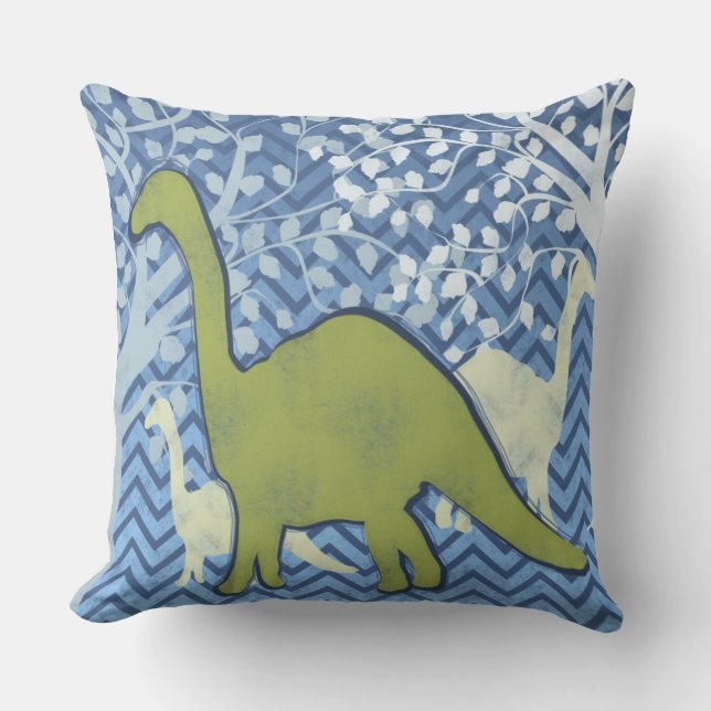 Green Dinosaur on Zigzag Chevron - Blue and White Throw Pillow (Front)