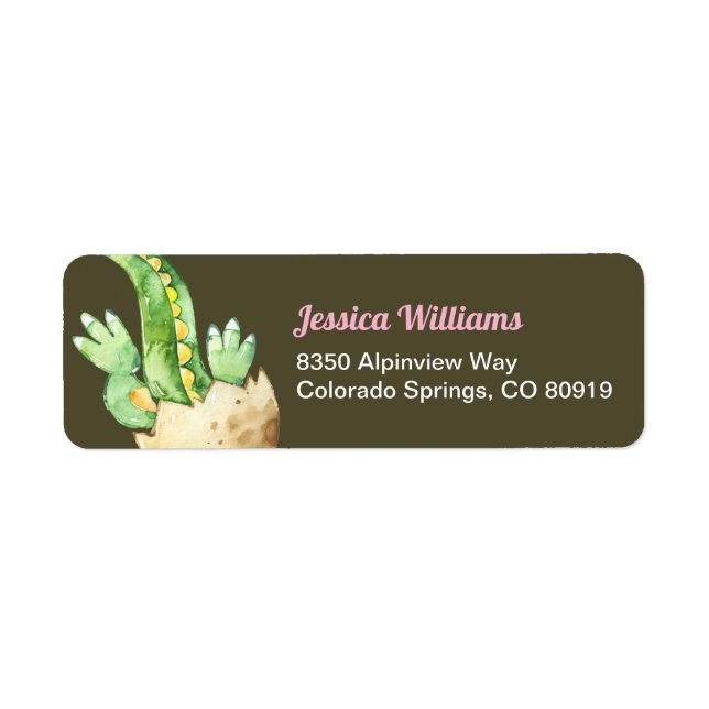 Green Dinosaur, Pink Name Return Address Label (Front)