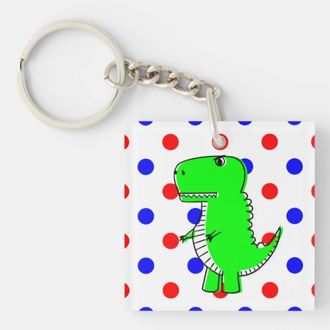 Green Dinosaur Red Blue Polka Dots Keychain (Front)