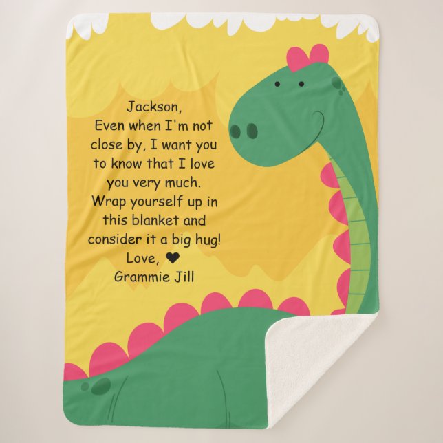 Green Dinosaur Sherpa Blanket with Custom Message (Front)