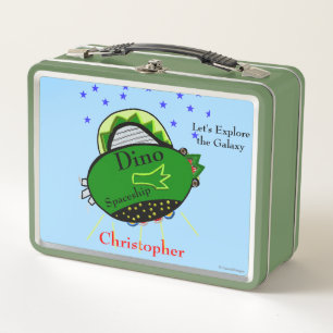 Green Dinosaur Spaceship Brown Eyes Stars Metal Lunch Box