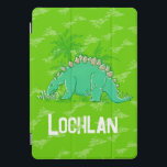 Green dinosaur Stegosaurus custom name iPad Pro Cover<br><div class="desc">Help protect your device from dino accidents, with this kids case cover. Original graphic stegosaurus, trees and footprints design in shades of green. Customize with your own name, currently reads Lochlan. Perfect for budding dinosaur paleontologists and dinosaur fans. Exclusive dinosaur drawing and design by Sarah Trett for www.mylittleeden.com on Zazzle....</div>