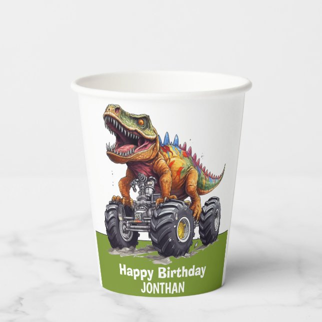 Green Dinosaur T-Rex Monster Truck theme  Paper Cups (Back)