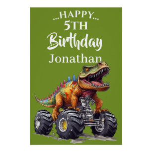 Green Dinosaur T-Rex Monster Truck theme Poster