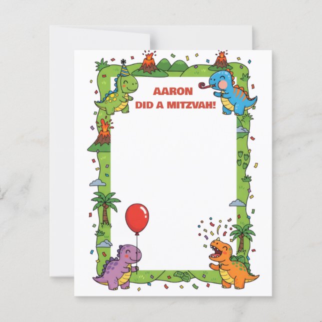 Green Dinosaur Themed Customized Name Mitzvah Note (Front)