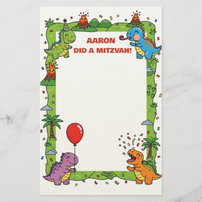 Green Dinosaur Themed Personal Name Mitzvah Note Stationery (Front)