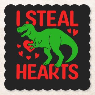 Green Dinosaur Valentine I Steal Hearts Paper Coaster