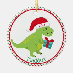 Green Dinosaur with Santa Hat Personalized Ceramic Ornament