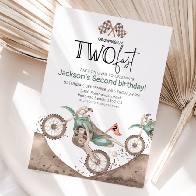 Green Dirt Bike 2nd birthday - Growing up two fast Invitation (Green dirt bike growing up two fast, watercolor birthday invitation)