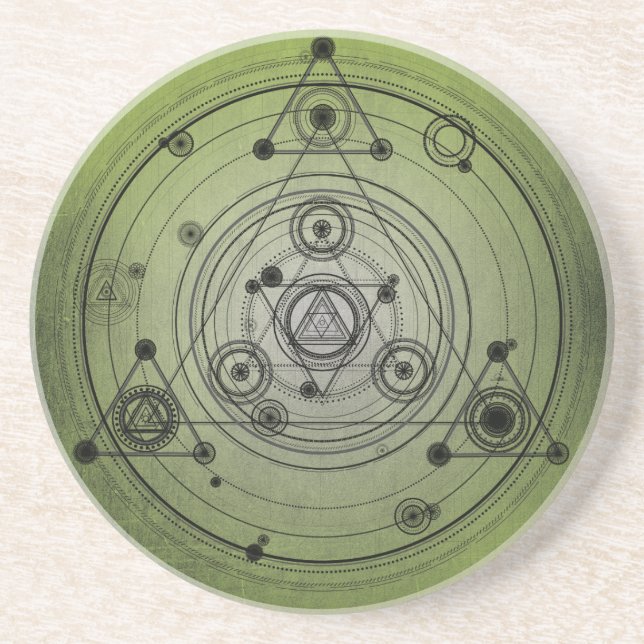 Green distressed sacred geometry design coaster (Front)