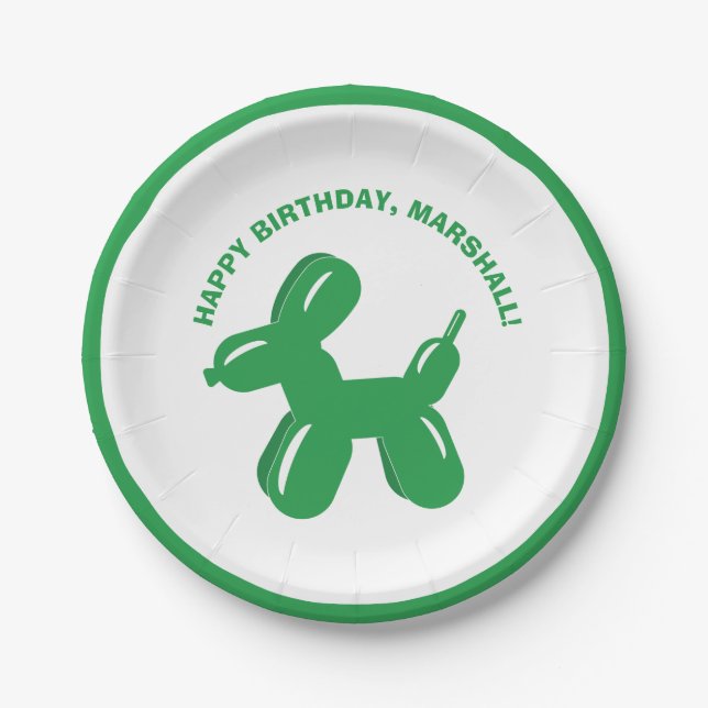 Green Dog Balloon Animal Personalized Party Paper Plate (Front)