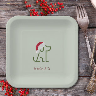 Green Dog Outline Wearing a Santa Hat Paper Plate