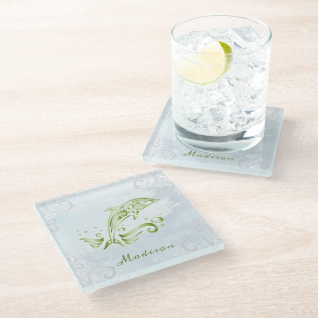 Green Dolphin Personalized Glass Coaster (Angled)