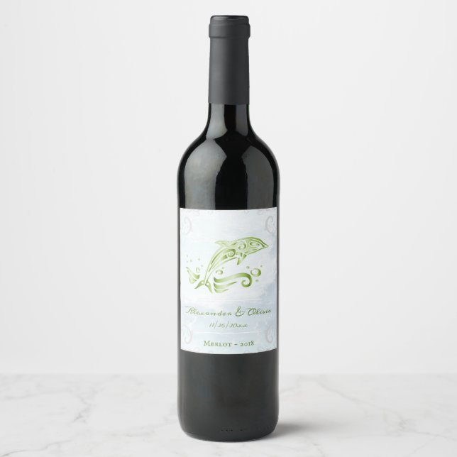 Green Dolphin Wedding Wine Label (Front)