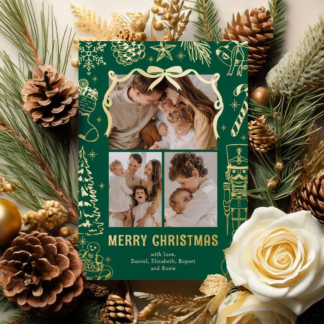Green Doodle 3 Photo Christmas Gold Foil Holiday Card (Creator Uploaded)