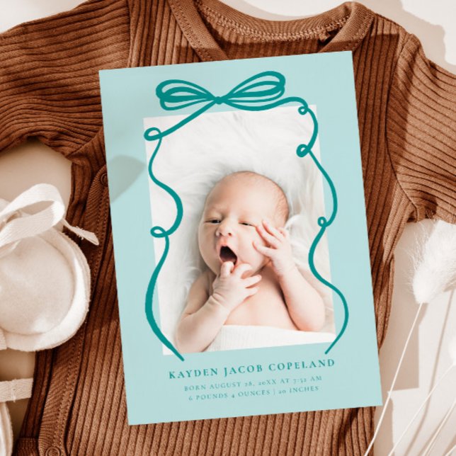 Green Doodle Bow Frame Birth Announcement Photo (Creator Uploaded)