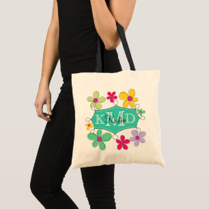 Green Doodle Frame Floral Personalized Monogram Tote Bag