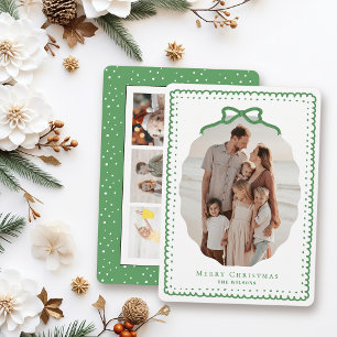 Green Doodle Frames & Bow 4 Photo Christmas Holiday Card