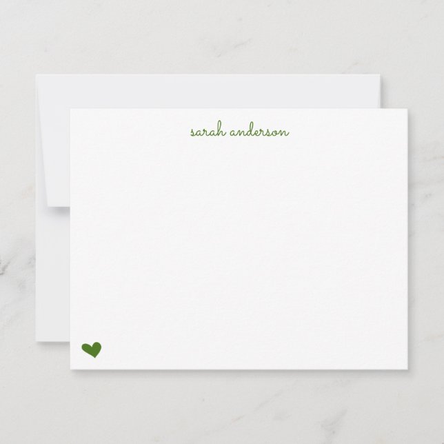 Green Doodle Heart Personalized Stationery Card (Front)