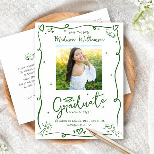 Green Doodles Graduation Save the Date Photo White Invitation Postcard