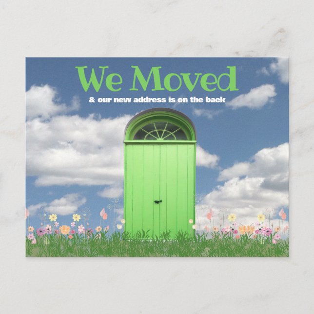 Green Door Clouds Flowers We Moved Announcement Postcard (Front)