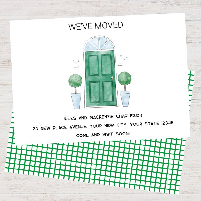 Green Door We Have Moved New Home Announcement (Green door watercolor custom text new home we I have moved change of address moving announcement)