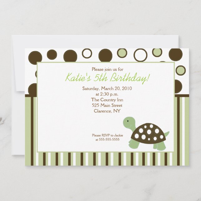 Green Dot Turtle Modern 5x7 Birthday Invitation (Front)