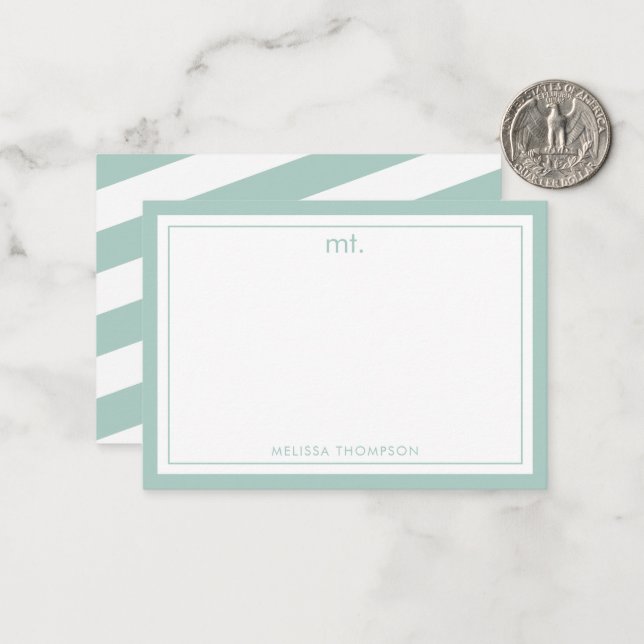 Green Double Border Modern Monogram Striped Card (Front/Back In Situ)