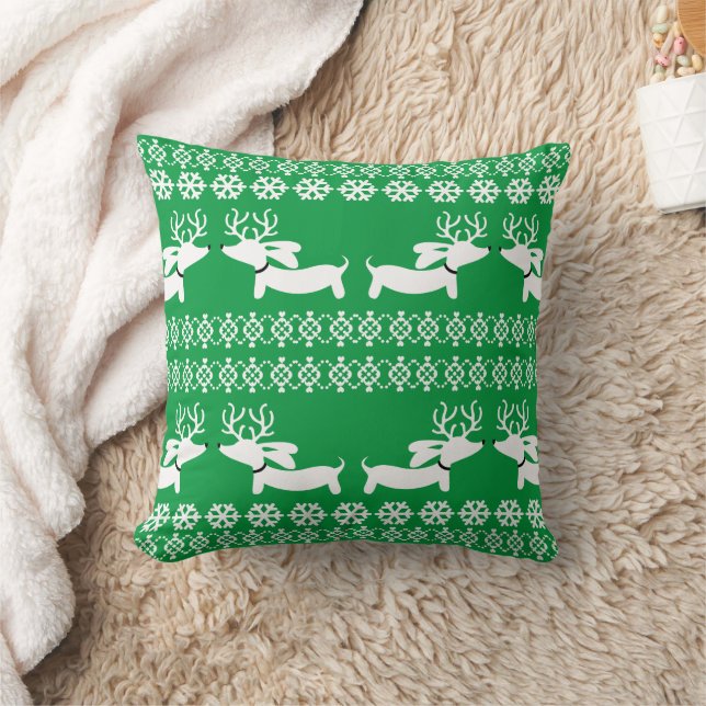 Green Doxie Christmas Pillow Fair Isle Reindeer (Blanket)