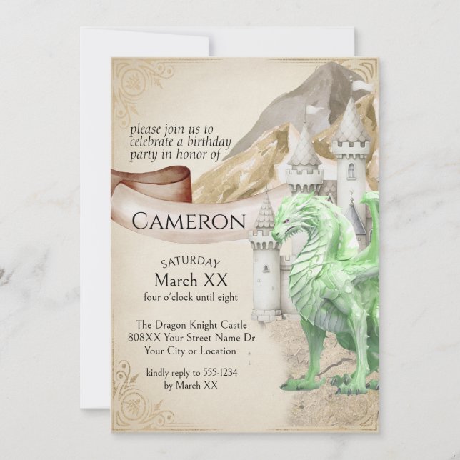 Green Dragon and Castle Fantasy Party Invitation (Front)