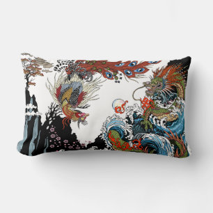 Green dragon and Feng Huang. Illustration Lumbar Pillow