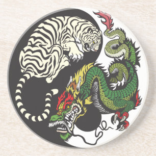 green dragon and white tiger yin yang symbol coaster