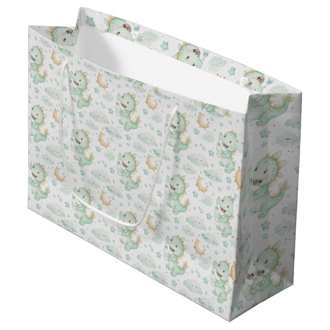 Green Dragon Baby Pastel Watercolor Pattern  Large Gift Bag (Front Angled)