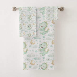 Green Dragon Baby Watercolor Personalized Name  Bath Towel Set