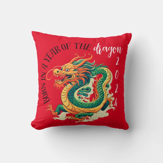 green Dragon birth stat red Chinese Year Throw Pillow (Front)