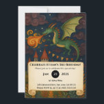 Green Dragon Breathing Fire Over Castle Birthday Invitation<br><div class="desc">A magical green dragon soars through a swirling night sky,  breathing fire over a castle nestled in colourful autumn hills. This vibrant fairytale illustration is perfect for fantasy lovers and enchanted-themed celebrations.</div>