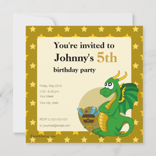 Green dragon cartoon birthday print invitations (Front)