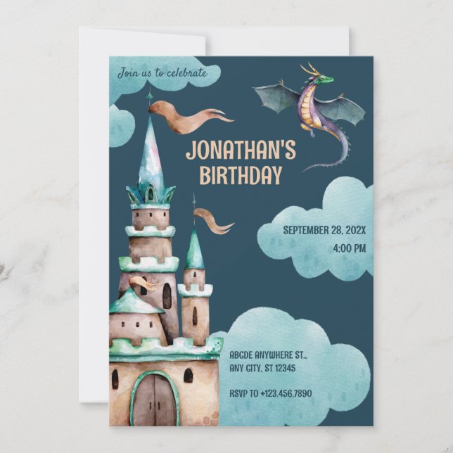 Green Dragon castle birthday Invitation (Front)