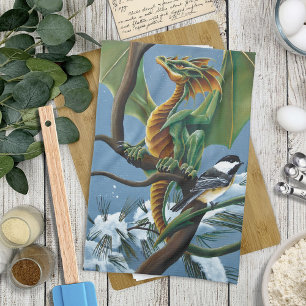 Green Dragon Chickadees Winter Kitchen Towel