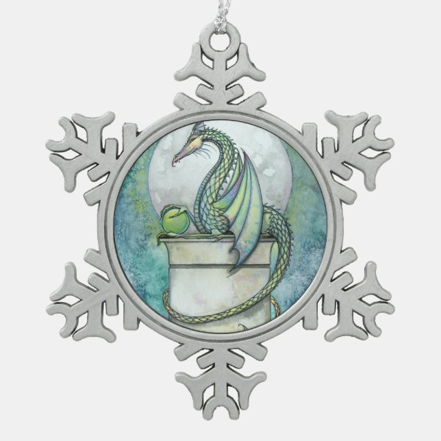 Green Dragon Fantasy Art Snowflake Pewter Christmas Ornament (Front)