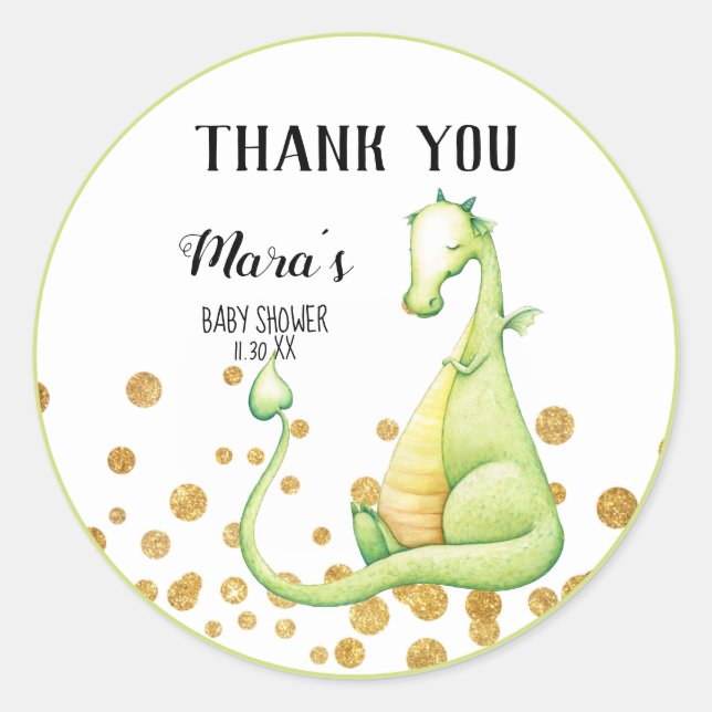 *~* Green Dragon Glitter Baby Shower Thank You Classic Round Sticker (Front)