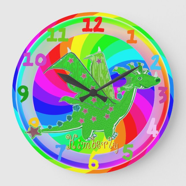 Green Dragon Kids Clock customizable Name Kimberly (Front)