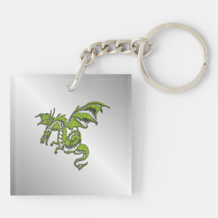 Green Dragon on Silver Keychain