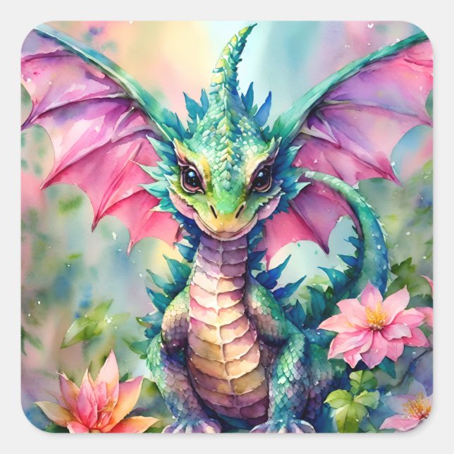 Green Dragon Pink Wings Floral Watercolor Square Sticker (Front)