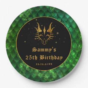 Green Dragon Scales Gold Faux Glitter Birthday Paper Plate